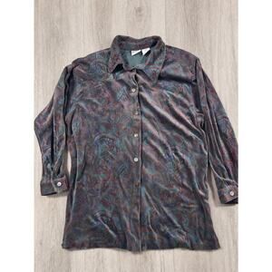 Vintage Paisley Velvet Feel Button Up Blouse Shoulder Pads Women L Bohemian Chic